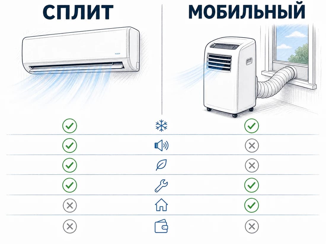 Сравнение сплит-системы и мобильного кондиционера по шуму, монтажу, цене