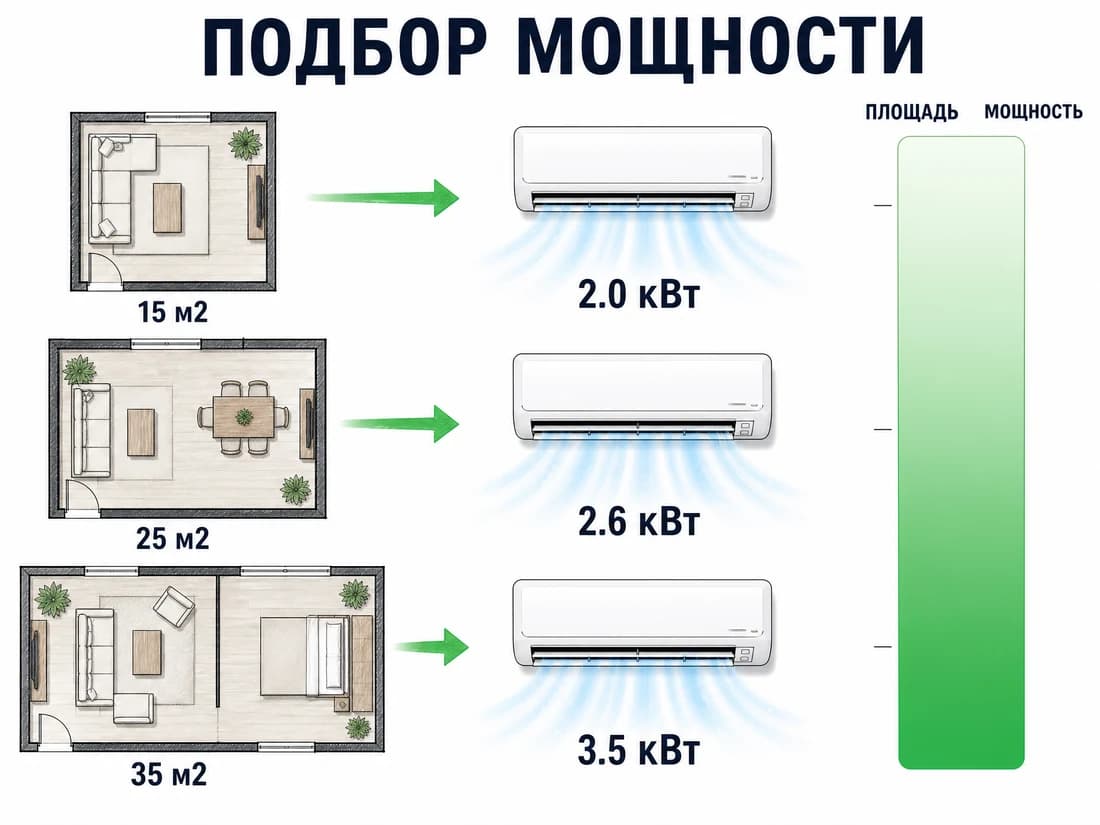 Чем больше площадь комнаты, тем выше нужна мощность кондиционера