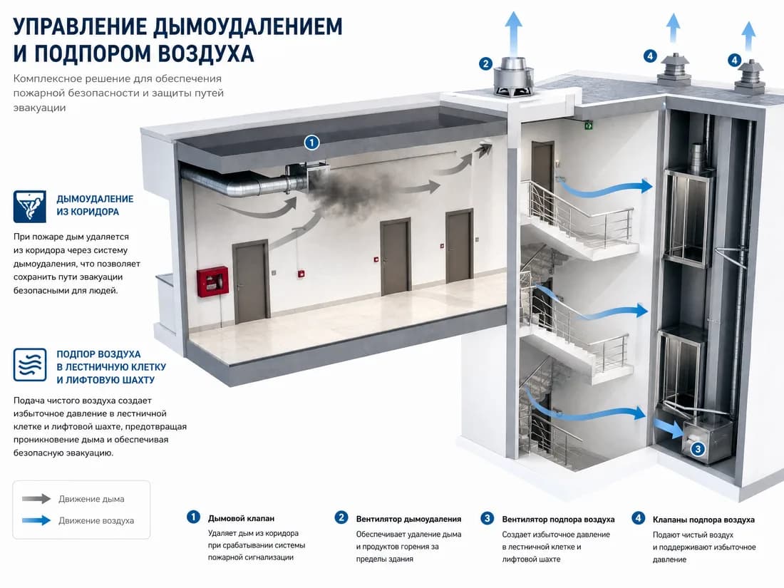 Дымовой клапан и противодымная вентиляция в коридоре эвакуации