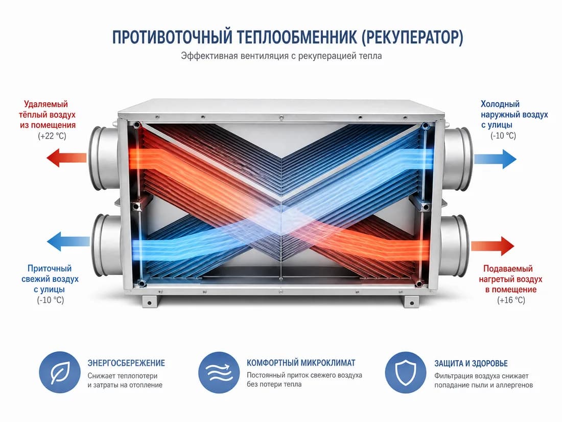 Схема работы рекуператора: возврат тепла приточно-вытяжной установки